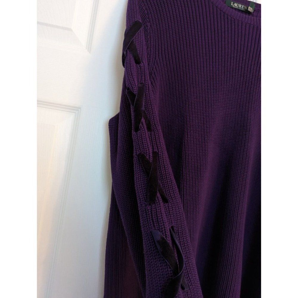 LRL Ralph Lauren Womens 2X Velvet Lace Up Sleeve Pullover Sweater Purple - Picture 5 of 9
